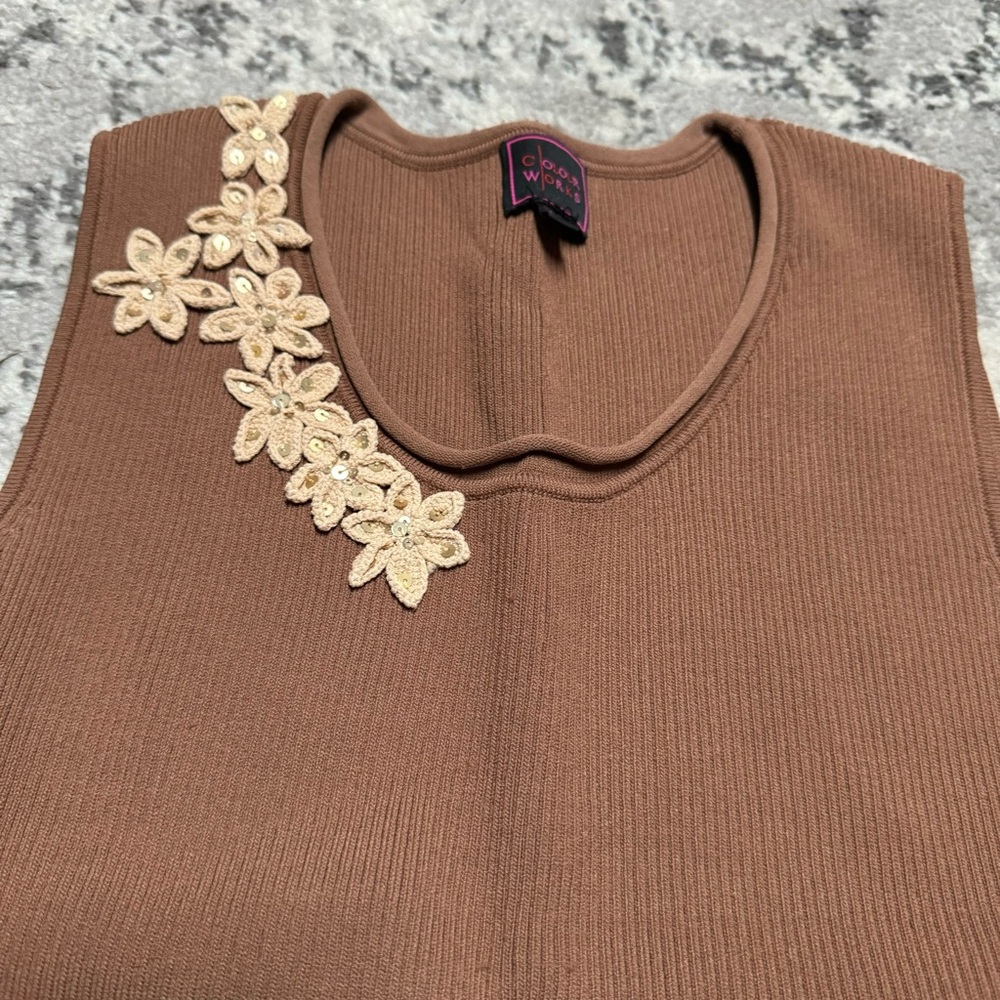 Color Works Brown Floral Sequin Embroidered Ribbed Compression Tank - Picture 3 of 7